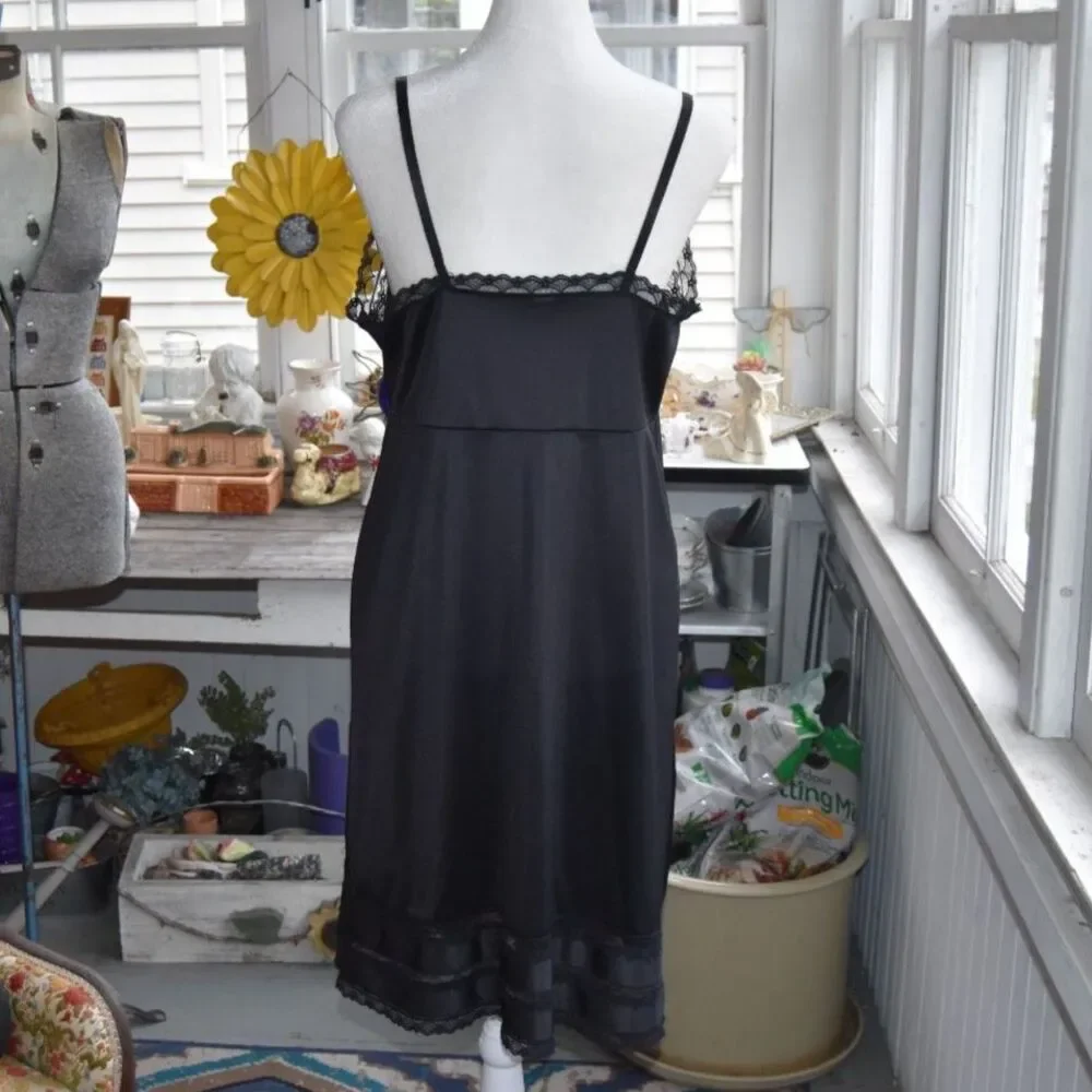 Vintage 80s Black Nylon Tricot Full Slip Lace Trim USA Sliperfection 40